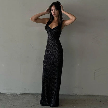Spitzenperspektive Low geschnittene Slim Sling Women Kleid 2024 Neue V -Hals -Wrap -Hüfte transparent lange Kleiderparty sexy Club Abendkleid 1