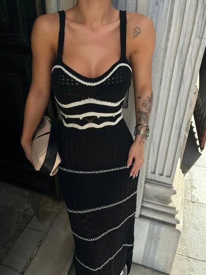 Striped Elegant Strick Häkelkleid Frauen 2025 Sommer Strand 3