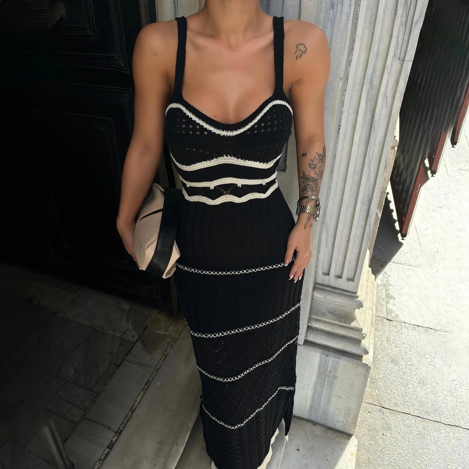 Striped Elegant Strick Häkelkleid Frauen 2025 Sommer Strand 7