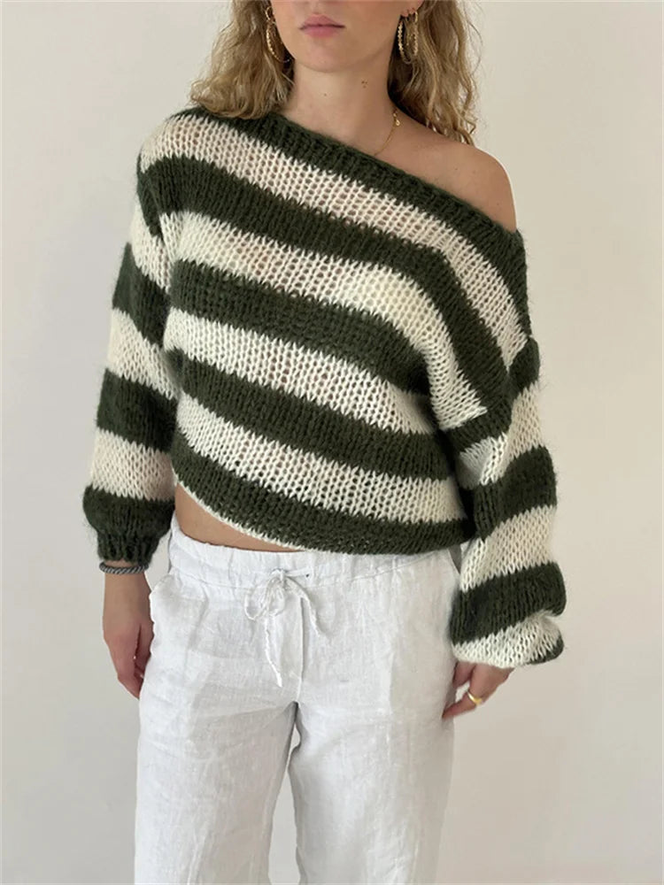 AMARA STRICKPULLOVER – OFF SHOULDER & STREIFEN-DESIGN
