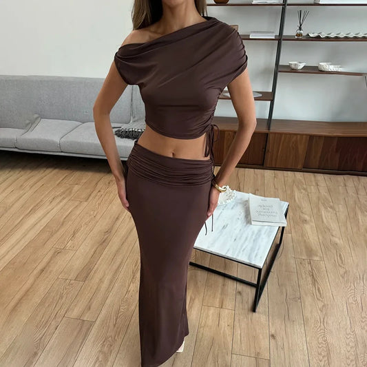 Tuularose Brown Patchwork Rock Set Frauen Schnüre-up Slash Hals Navel-Gasing Top Schlitz hoher Taillenrock Set Lady Sexy Rock Set 0