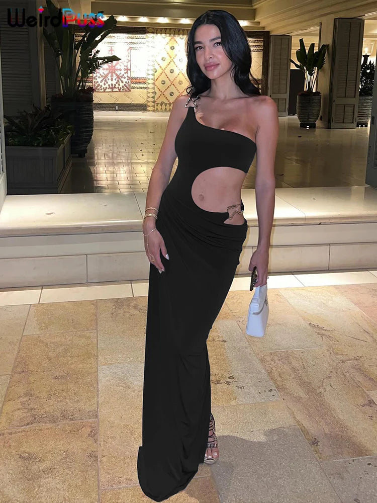 Weird Puss Metal Schnalle Kleid Frauen unregelmäßige hohle Split eine Schulter dünne rundte hüftlose Mitternacht Clubwear Maxi Bodycon 1