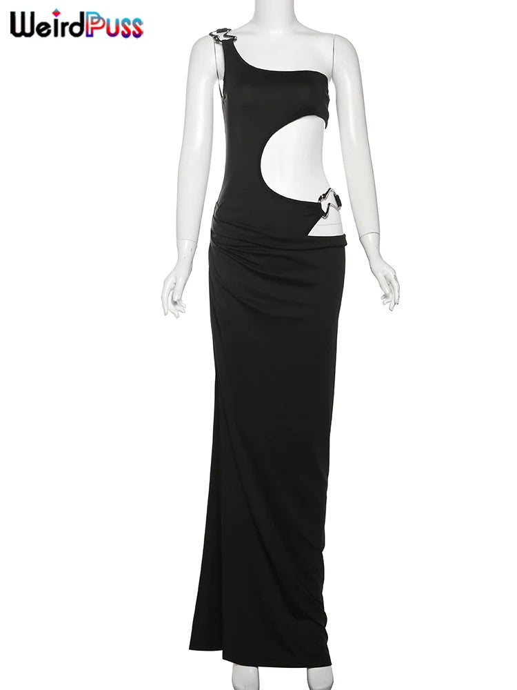 Weird Puss Metal Schnalle Kleid Frauen unregelmäßige hohle Split eine Schulter dünne rundte hüftlose Mitternacht Clubwear Maxi Bodycon 5