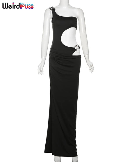 Weird Puss Metal Schnalle Kleid Frauen unregelmäßige hohle Split eine Schulter dünne rundte hüftlose Mitternacht Clubwear Maxi Bodycon 5