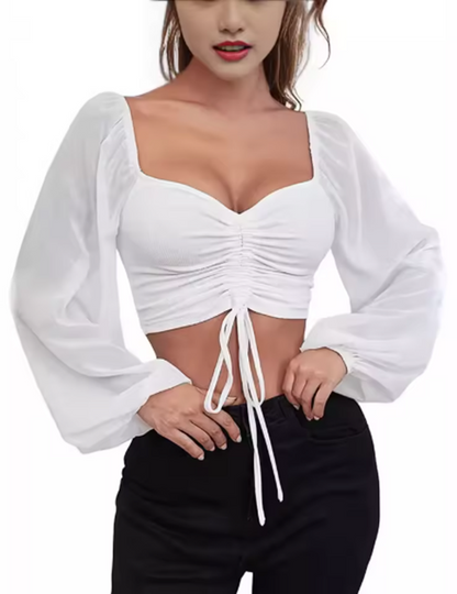 Variant image for Damen Crop Top Schwarz Größe M Polyester mit Transparenten Ärmeln und Raffung-21