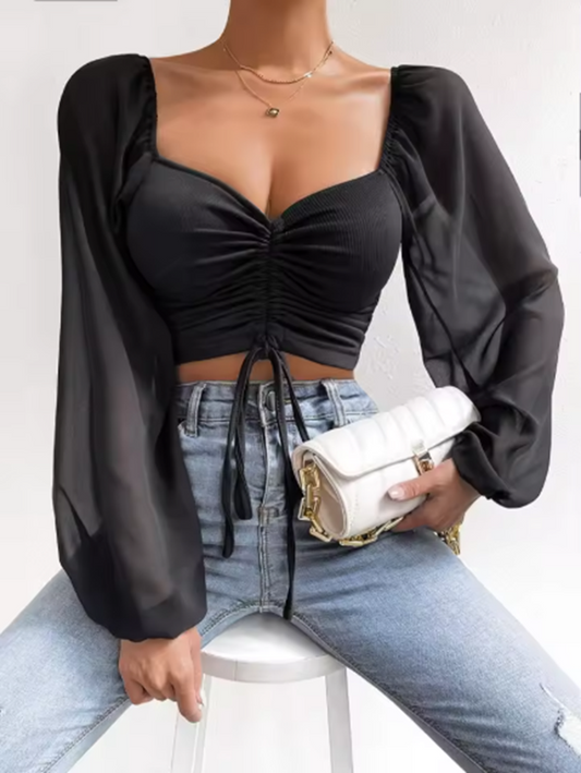AYLEN CROP TOP – CHIFFON BLUSE MIT LANGEN ÄRMELN UND KORSETTDETAILS