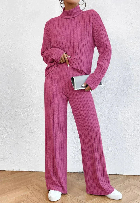 ZELINA ZWEITEILIGES FEINSTRICK-SET – DAMEN-STRICKSET MIT BAUMWOLL-ROLLKRAGENPULLOVER UND TAILLIERTER HOSE