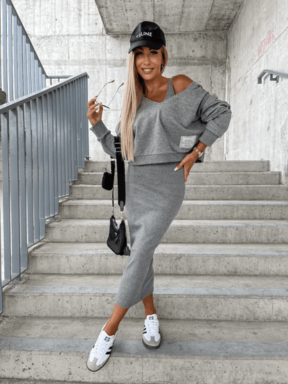 MIRELLA – GRAUES ZWEITEILER-SET AUS BAUMWOLLE MIT OFF-SHOULDER-SWEATER