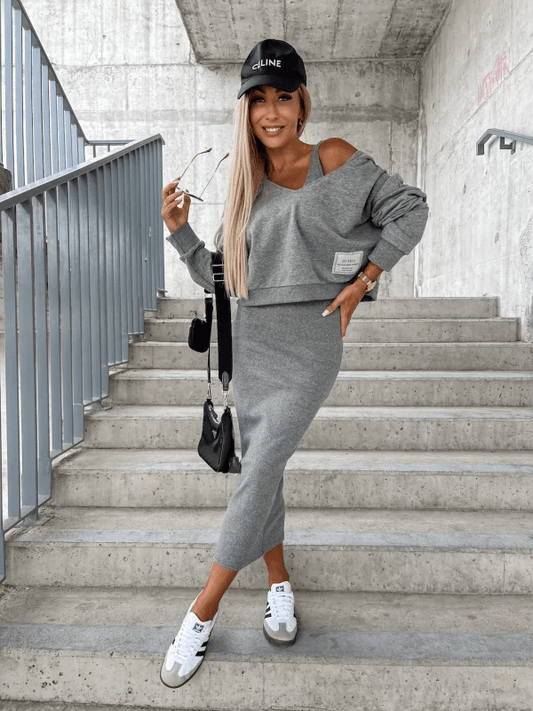 MIRELLA – GRAUES ZWEITEILER-SET AUS BAUMWOLLE MIT OFF-SHOULDER-SWEATER
