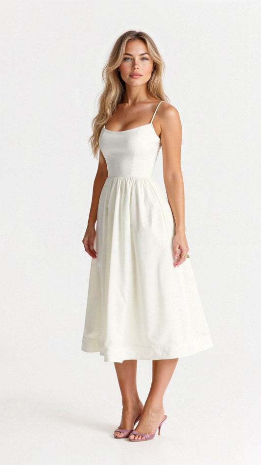 TAMARA | FLIEẞENDES SCHULTERFREIES MIDIKLEID